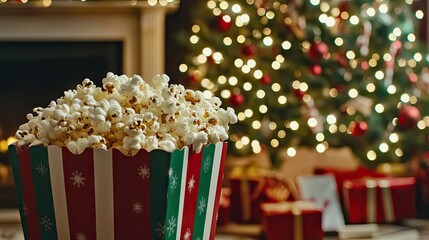 Popcorn bursts out of a Christmas-themed box adorned with red and green stripes, filling the scene with festive energy.