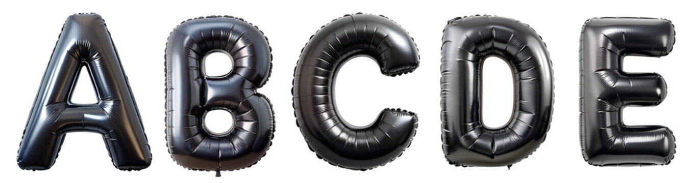 Set of letters A-E, black balloon alphabet isolated on transparent background with the outline. Concept for design.