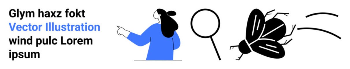 Woman in blue shirt pointing forward, black magnifying glass, and flying black bug create a simplistic vector representation. Ideal for education, discovery, research, observation, and entomology