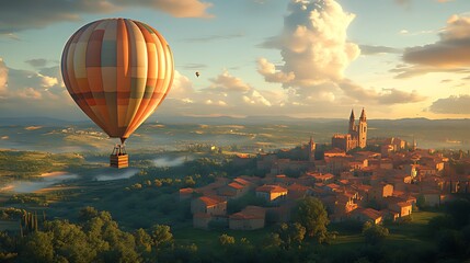 A hot air balloon floats above a picturesque town with a cathedral in the distance as the sun rises over the valley.