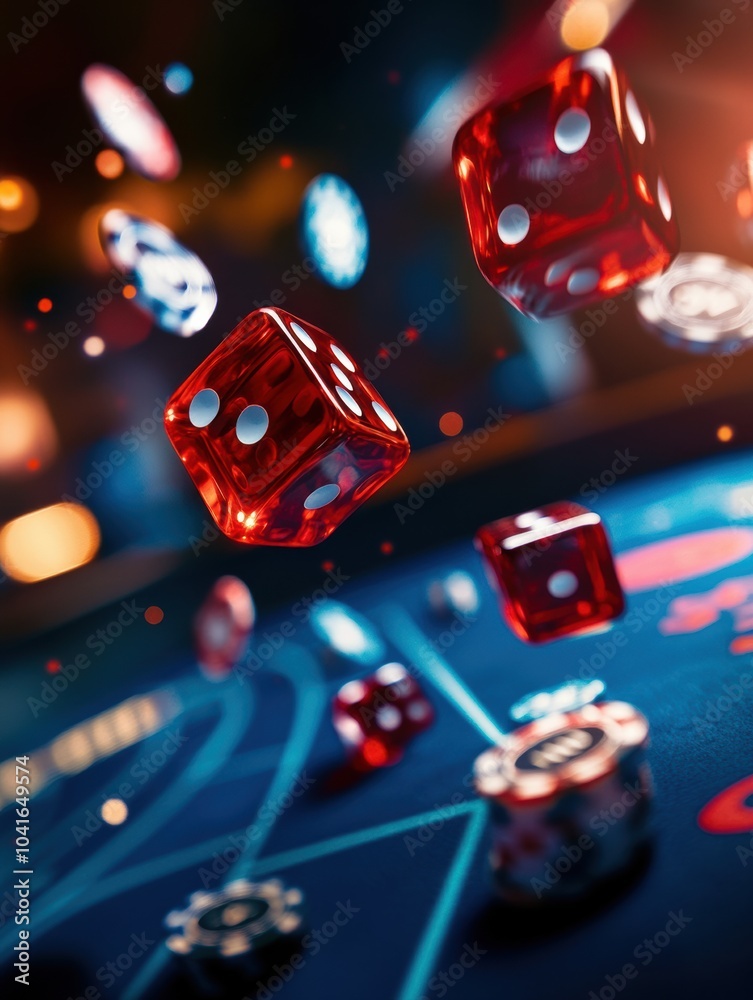 Leinwandbilder red dice are flying across a craps table filled with vibrant chips, capturing the thrill of a tense 