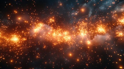 Fireworks painting the sky, dark New Year backdrop, celebratory streets below, sparkling embers, bright and colorful New Year display.