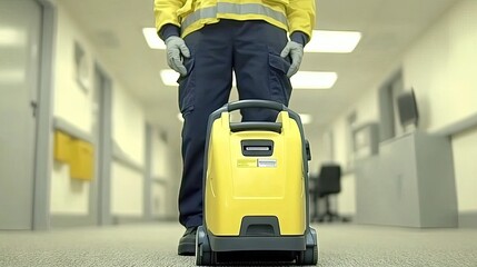 Professional janitor vacuuming the carpet in an office hallway, showcasing thorough cleaning of the workspace.