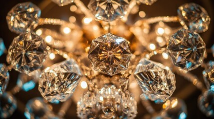 Fototapeta premium A dazzling close-up of a crystal chandelier, with its reflective facets scattering light in mesmerizing, intricate patterns