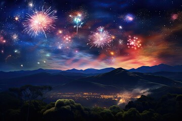 Naklejka premium Fireworks explode over mountains and a town.