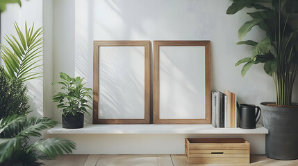 Simple Minimalist Interior Design with Two Empty Frames and Plants