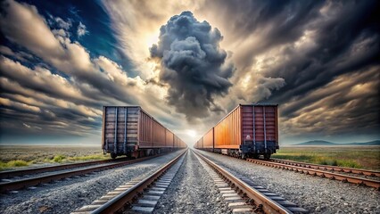 Fototapeta premium Cargo train traveling into the distance under a cloudy sky