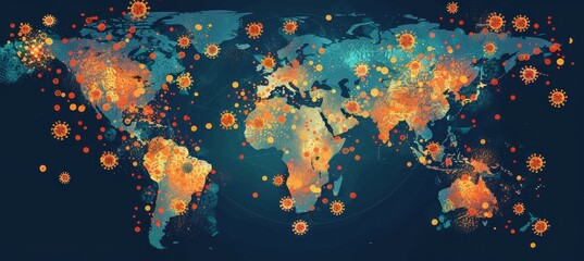 World map with highlighted red areas showing virus outbreaks and pandemic spread