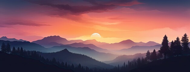 Obraz premium Silhouetted trees on mountain range at sunset.