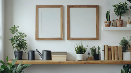 Fototapeta premium Wooden Shelf Decorated with Plants and Books