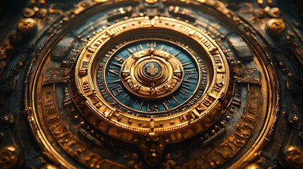 Fototapeta premium A intricate circular mechanism with a gold and blue design, featuring a central hub and a series of concentric rings.