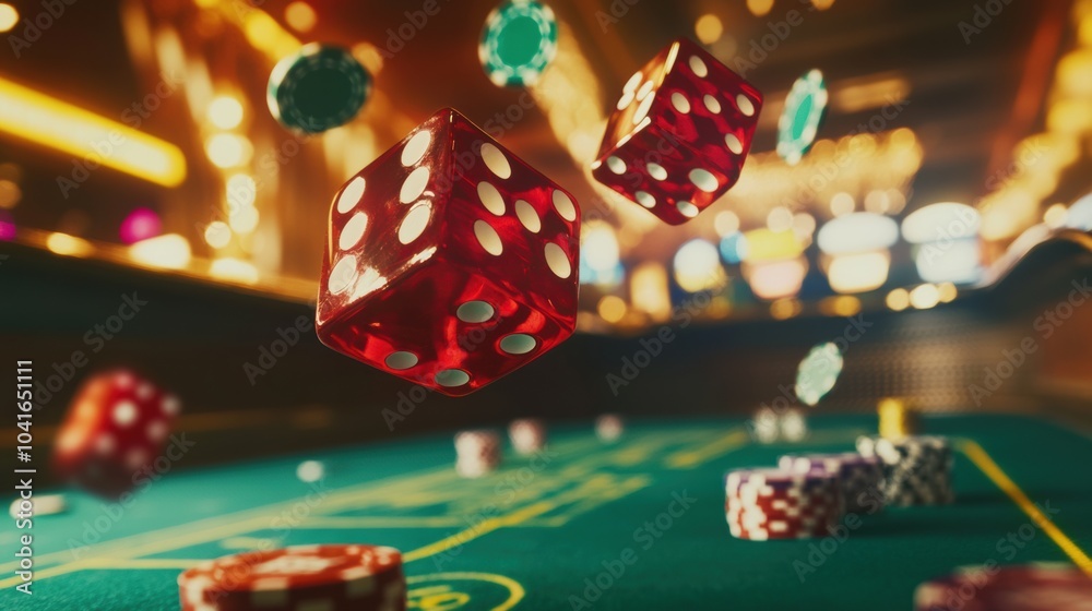 Poster red dice are airborne over a craps table with colorful chips scattered around, capturing the thrill 