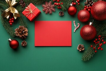 Greeting card mockup with christmas decor on color background, top view