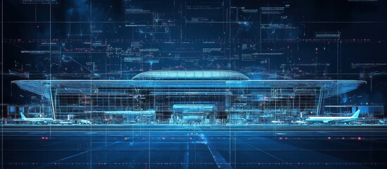 Fototapeta premium Futuristic airport terminal with digital overlay and runway.