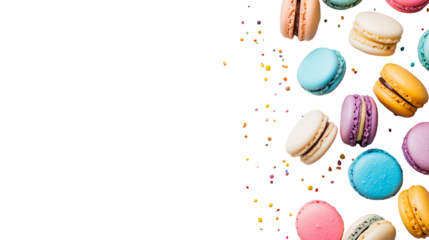 Colorful macarons floating on transparent background with space for text or design
