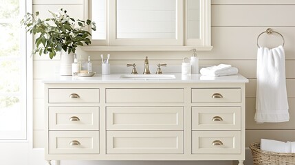 A stylish bathroom vanity featuring a cream finish, gold hardware, and a contemporary bronze faucet, set against a charming shiplap wall