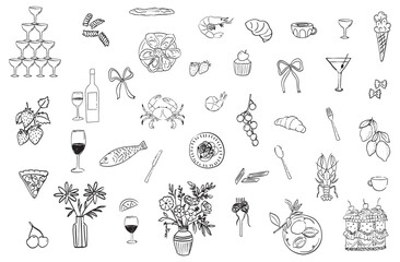 Fototapeta premium Minimalist Hand-drawn vector illustrations of Mediterranean food in a charming La Dolce Vita line art sketch style. Perfect for menu card, labels, wedding invitations, ad banners etc.