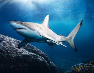 Fototapeta premium Tiburón blanco bajo el mar con olas y rocas bajo el agua, Realista