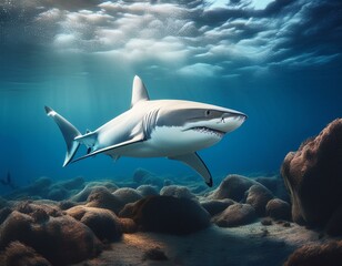 Tiburón blanco bajo el mar con olas y rocas bajo el agua, Realista