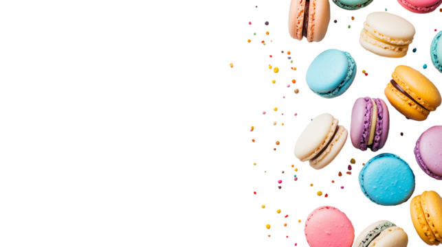 Colorful macarons floating on transparent background with space for text or design