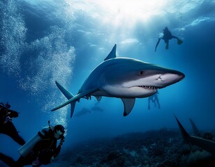 Obraz premium tiburón azul bajo el mar con siluetas de buzo alrededor, bajo el mar, realista