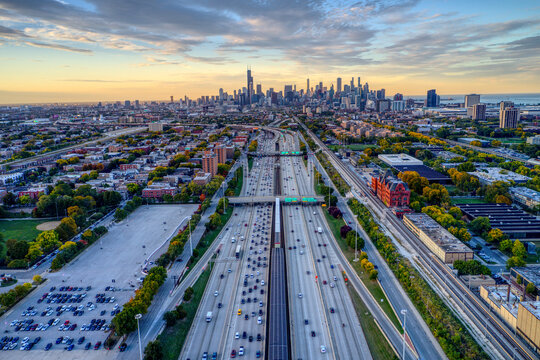 Drone photograph of Chicago Dan Ryan Expressway at Sunset