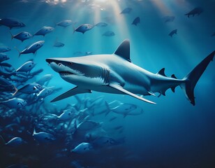 Fototapeta premium Tiburón blanco azul el mar, Realista