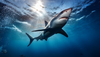 Fototapeta premium Tiburón blanco azul el mar, Realista