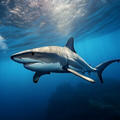 Obraz premium Tiburón azul bajo el mar, Realista