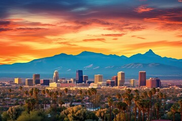 Fototapeta premium Cityscape with mountains and vibrant sunset.