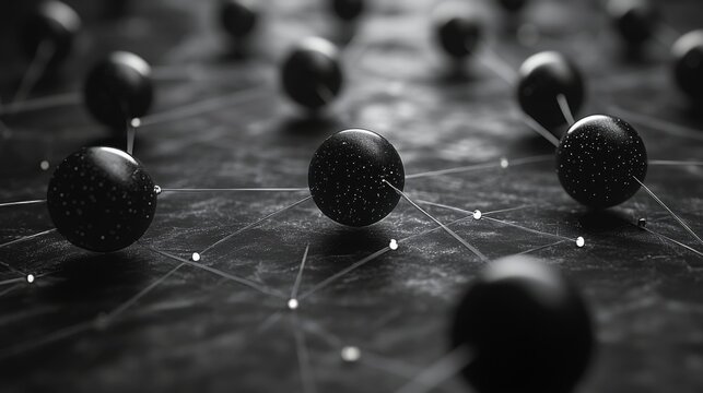 A series of black spheres connected by thin lines create a visual representation of a molecular network on a dark textured surface, highlighting intricate connections.