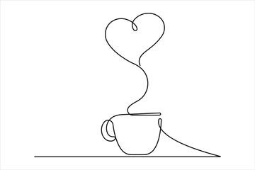 Hot coffee cup continuous one line art drawing of breakfast steam morning coffee design outline vector illustration