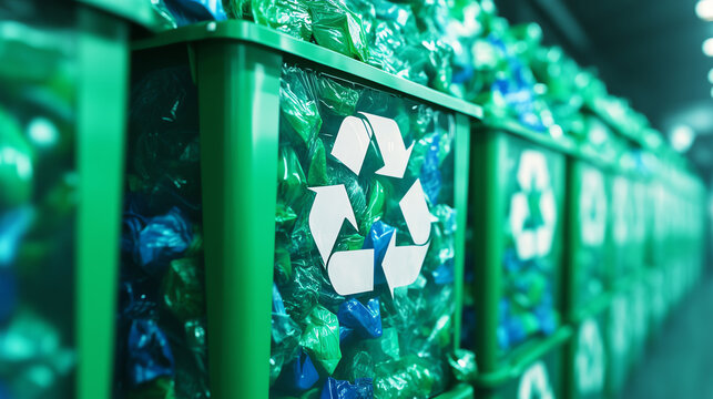 A collection of recycling bins filled with recyclable materials. The bins are bright green featuring the universal recycling symbol.