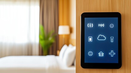 A modern touch control panel mounted on a wooden wall, featuring icons for sound, lighting, and environment settings, beside a cozy hotel room.