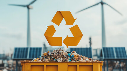 A recycle symbol above a bin full of waste, set against a backdrop of wind turbines and solar panels, promoting sustainability and eco-friendly practices.