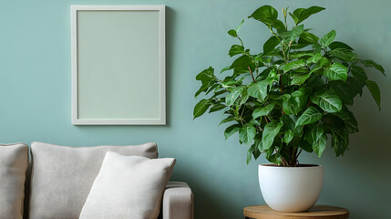 Decorating with Green Plants and Minimalist Frames in a Living Room