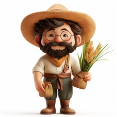 Cartoon Farmer Holding Rice Plant in Field