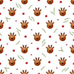 Christmas deers with red balls and green branches on a white background