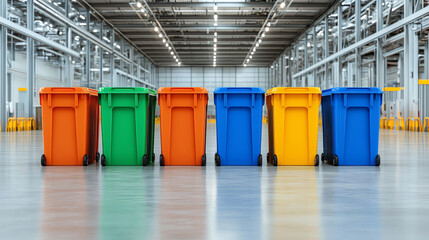 Colorful recycling bins in a large industrial space, promoting waste segregation and sustainability.