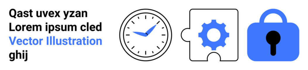 Clock next to a gear piece puzzle and blue padlock icon. Ideal for themes of time management, security, problem-solving, productivity, and digital safety. Landing page