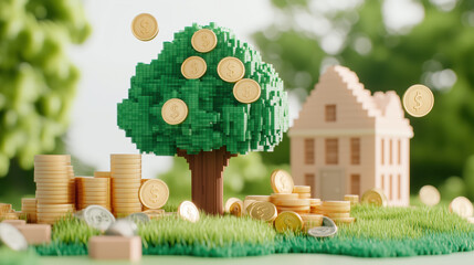 Growing tree with coins symbolizes investment and savings