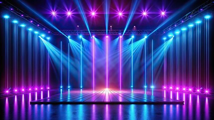 Captivating blue purple pink neon lights on dark stage