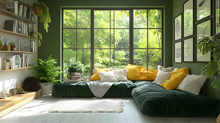 Green Living Room with Large Window and Comfortable Seating