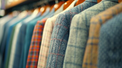 A collection of tailored suits is prominently displayed on hangers, highlighting various sophisticated styles and colors available for purchase