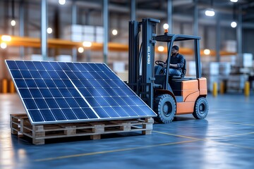 A Forklift Transporting a Large Pallet of Solar Panels Inside a Warehouse, With Safety Signs Visible in the Background, Solar Photography, Solar Powered Clean Energy, Sustainable Resources