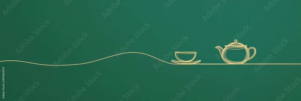 Poster a simple line art shows a teapot and cup against a green background, creating a tranquil and invitin