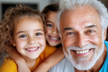A cheerful grandfather is seen with his two young grandchildren, all smiling brightly. The image captures an endearing family moment filled with warmth and connection.