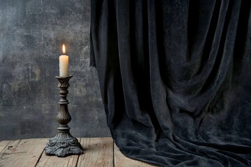 antique candlestick with burning candle on old wooden table on background black velvet curtain with generative ai