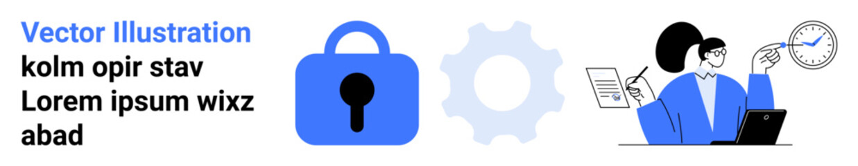 Blue lock representing security, gear icon symbolizing technical support, person reviewing documents by laptop. Ideal for technology, cybersecurity, support services, document management, and time