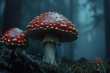Vibrant Red Fly Agaric Mushrooms in a Forest Setting: Perfect for Nature, Fantasy, and Halloween Thematic Designs